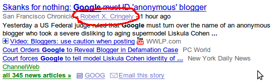 Google News search result showing Author Name